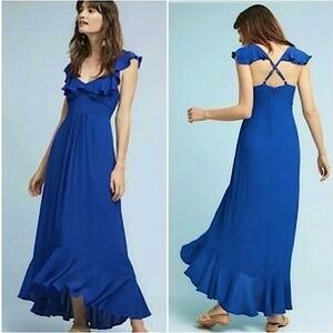 Anthropologie Larke Blue Spaghetti Strap Cross Back Belle Ruffle Dress 6P